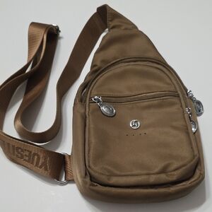 Tan Belt Bag with Crescent Shape and Adjustable Strap